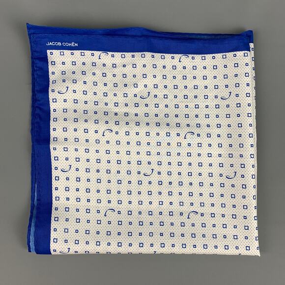 JACOB COHEN White Blue Print Cotton Silk Pocket Square - Picture 1 of 6